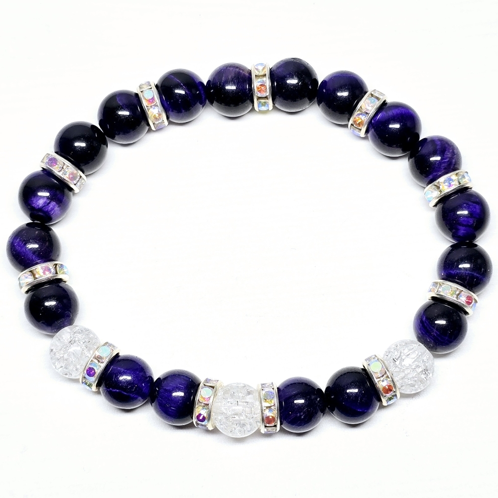 Handmade Purple Tiger Eye Beaded Stretch Bracelet Crackle Beads Rhinestones - Picture 3 of 4